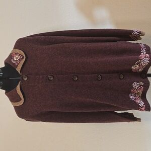 Woolrich Brown Wool Cardigan XL Pink Purple Flower Embroidery